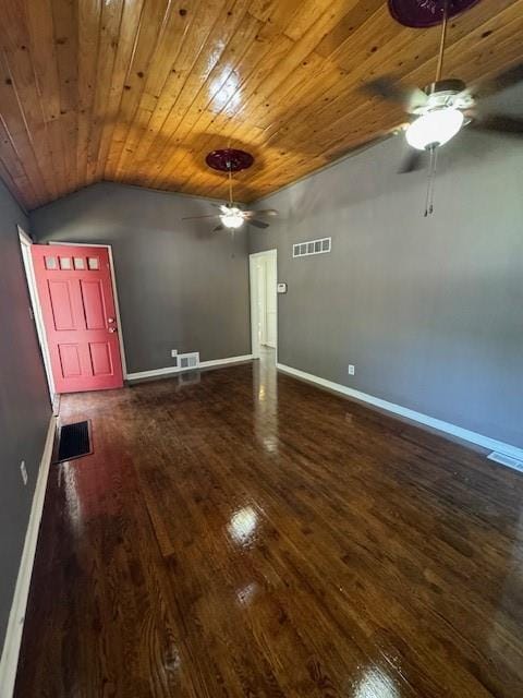 spare room featuring lofted ceiling, wooden ceiling, dark hardwood / wood-style flooring, and ceiling fan