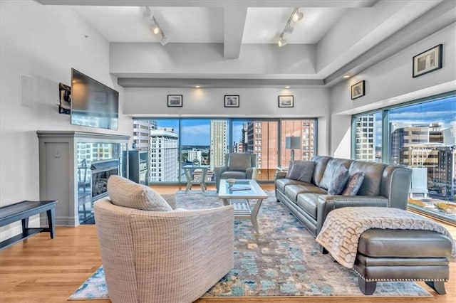 living room featuring track lighting, a towering ceiling, and light hardwood / wood-style flooring