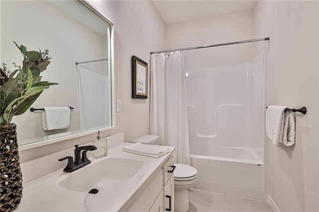 full bathroom with vanity, shower / bath combo with shower curtain, toilet, and tile patterned flooring