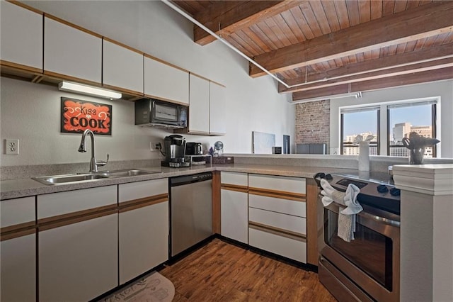 kitchen featuring white cabinets, wood ceiling, stainless steel appliances, and a sink