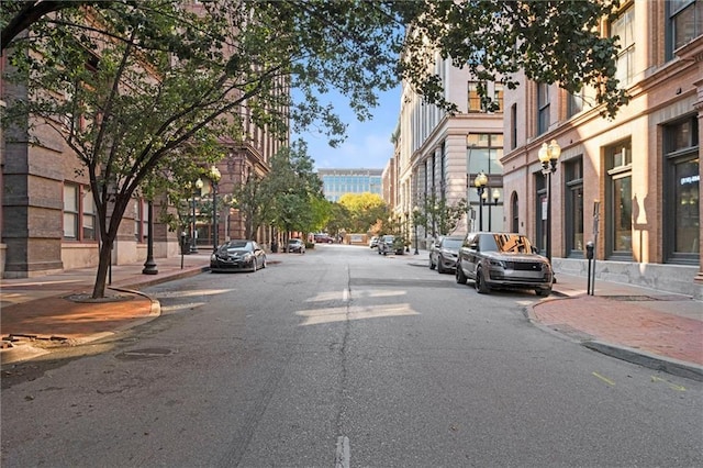 view of street with curbs, street lighting, and sidewalks