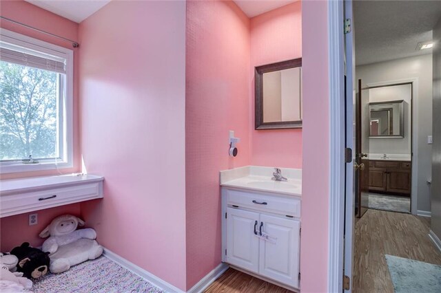 bathroom with vanity and hardwood / wood-style floors