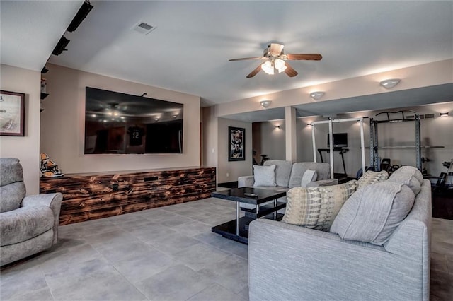 living room with ceiling fan