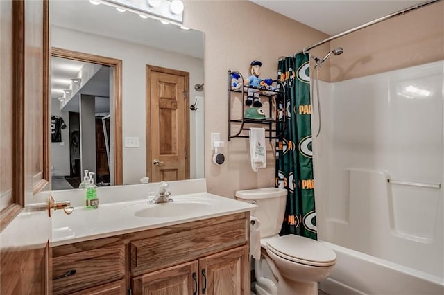 full bathroom with vanity, toilet, and shower / bath combination with curtain