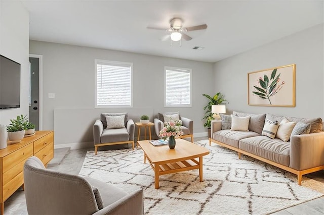 living room with ceiling fan