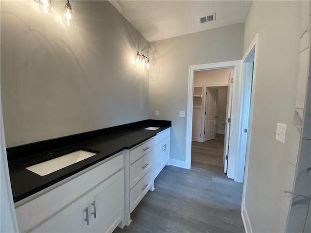 bathroom with hardwood / wood-style flooring and vanity