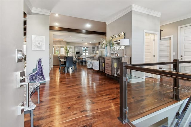 interior space featuring ornamental molding and dark hardwood / wood-style flooring