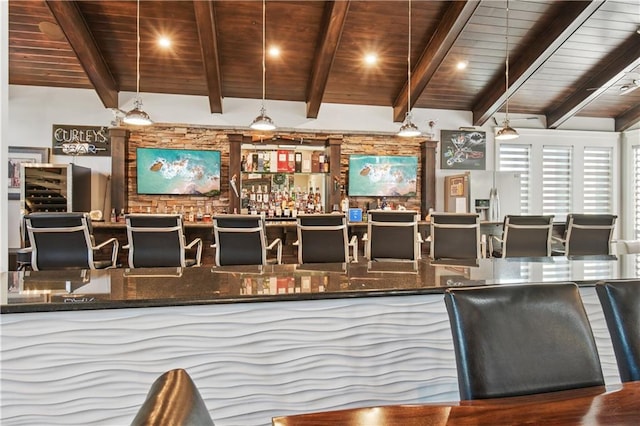 bar with hardwood / wood-style floors, lofted ceiling with beams, hanging light fixtures, and wood ceiling