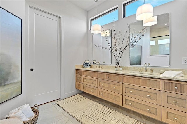 17004 Parkhill St, Overland Park, KS 66221 - full bathroom featuring double vanity, a shower, and marble finish flooring
