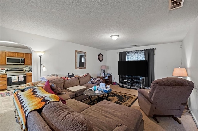 living room with light colored carpet and a textured ceiling