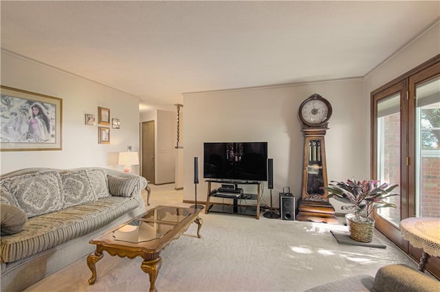 living room with ornamental molding and carpet floors