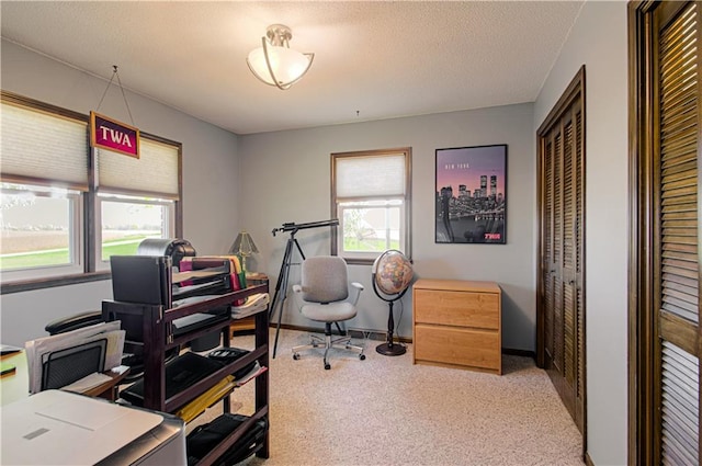 carpeted office space with a textured ceiling and plenty of natural light