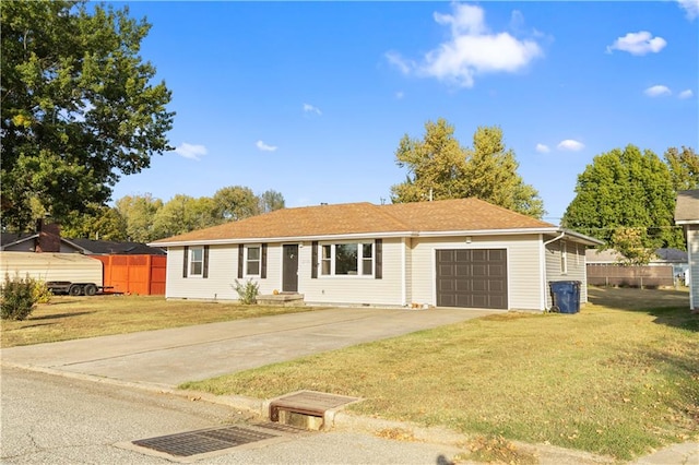 ranch-style house with a front yard and a garage