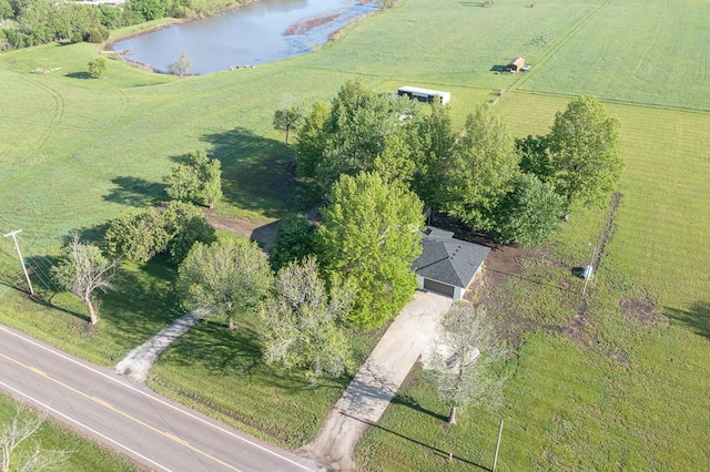 drone / aerial view with a rural view and a water view