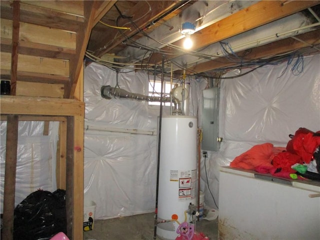 utility room featuring gas water heater and electric panel