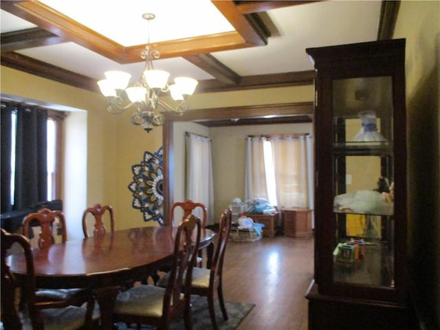 dining area with dark wood-type flooring, a chandelier, coffered ceiling, and beamed ceiling