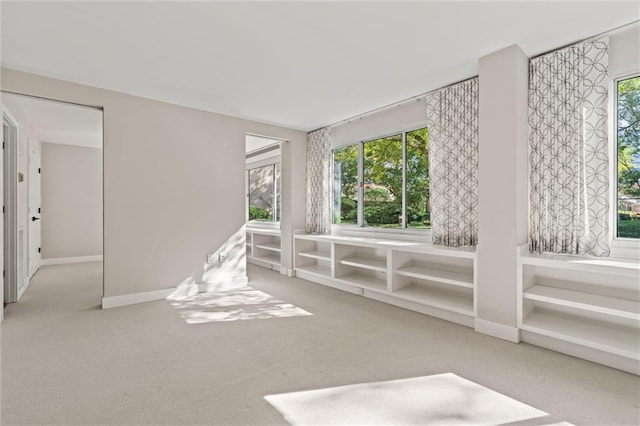 interior space featuring a wealth of natural light, light carpet, and baseboards