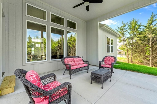 7016 N Polk Ave, Kansas City, MO 64151 - view of patio / terrace with ceiling fan and an outdoor hangout area