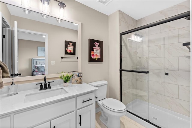 7016 N Polk Ave, Kansas City, MO 64151 - bathroom featuring a stall shower, toilet, vanity, and marble look tiles