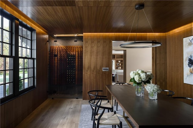 dining space with a healthy amount of sunlight, hardwood / wood-style flooring, and wooden walls