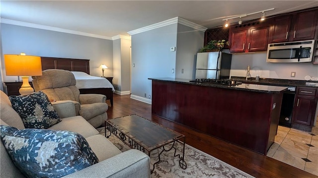 interior space featuring crown molding, stainless steel refrigerator, sink, and track lighting