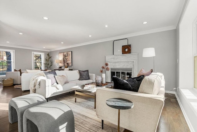 living room featuring a fireplace, crown molding, baseboards, and wood finished floors