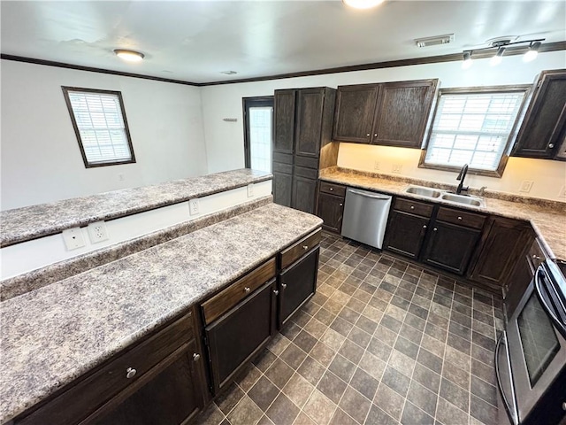 kitchen with stainless steel appliances, ornamental molding, dark brown cabinetry, and sink