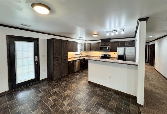 kitchen with dark brown cabinetry, appliances with stainless steel finishes, plenty of natural light, and sink