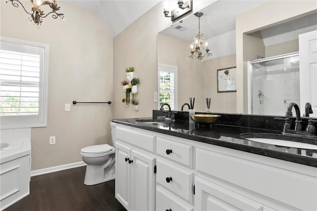 bathroom featuring vanity, wood-type flooring, an inviting chandelier, toilet, and a shower with door