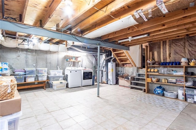 basement with independent washer and dryer and water heater