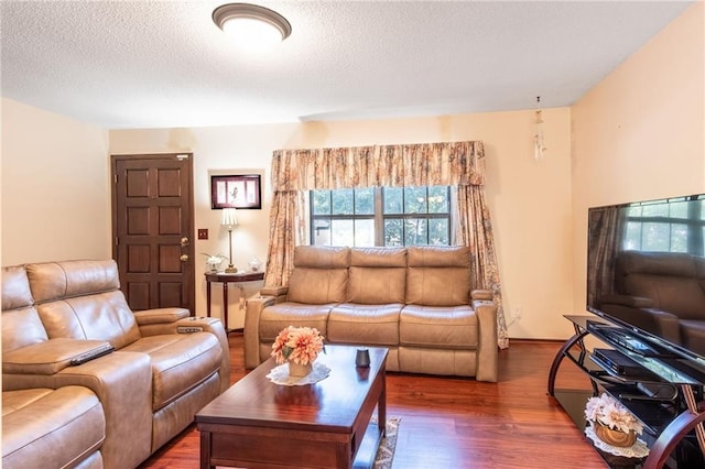 living room with hardwood / wood-style flooring and a textured ceiling