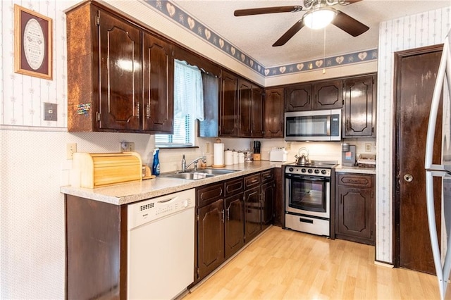 kitchen featuring light wood-type flooring, ceiling fan, dark brown cabinetry, sink, and appliances with stainless steel finishes