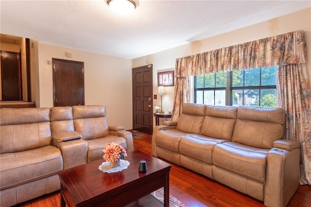 living room with wood-type flooring and a textured ceiling