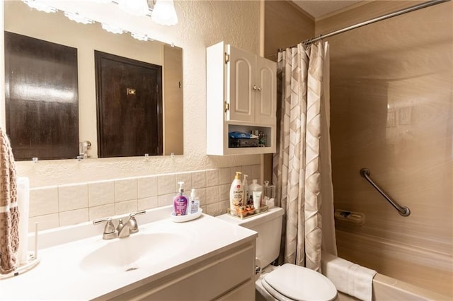 full bathroom with shower / bath combo, vanity, decorative backsplash, and toilet