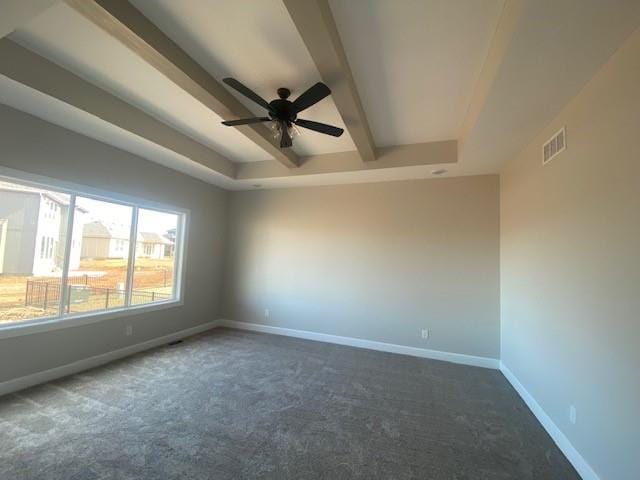 unfurnished room with a ceiling fan, visible vents, baseboards, beam ceiling, and carpet