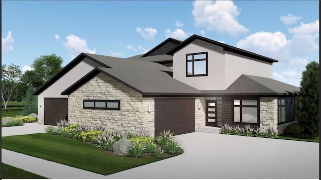 view of front of home featuring stone siding, stucco siding, driveway, and a garage