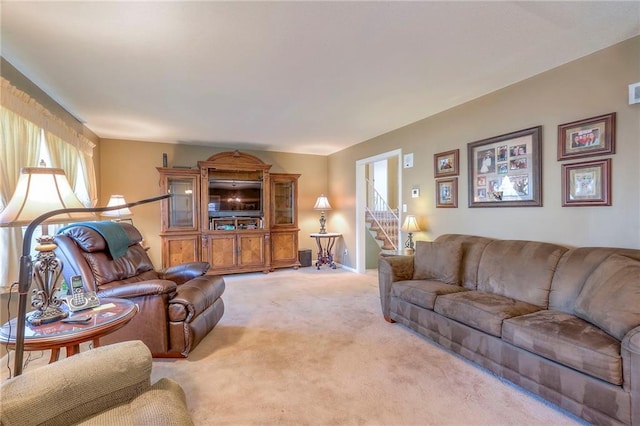 living room with light colored carpet