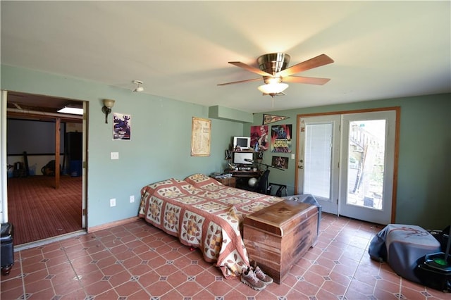 bedroom with ceiling fan and access to exterior