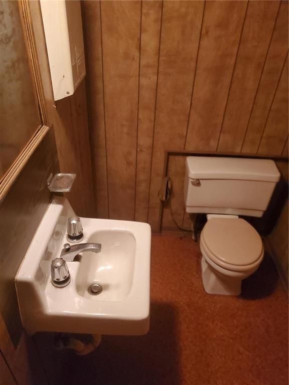 bathroom with toilet, wood walls, and sink