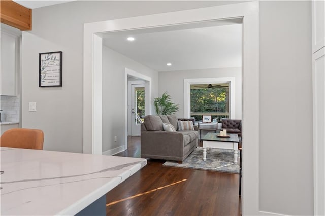 living room featuring dark wood-type flooring