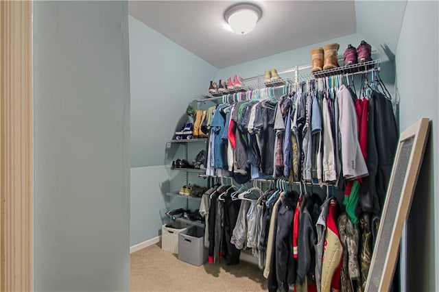 spacious closet featuring lofted ceiling and carpet