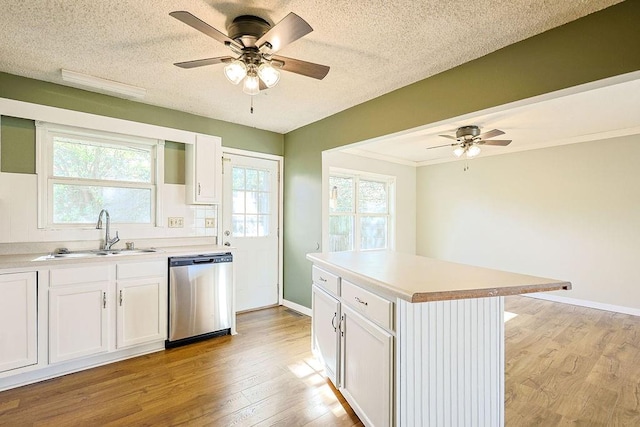 kitchen featuring white cabinetry, light hardwood / wood-style flooring, stainless steel dishwasher, and sink