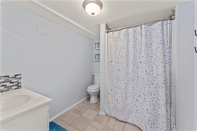 bathroom featuring a shower with curtain, tile patterned flooring, toilet, decorative backsplash, and vanity