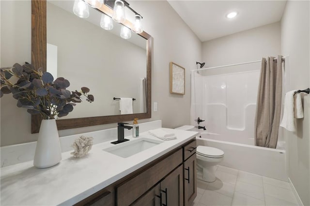 full bathroom with tile patterned floors, shower / tub combo, toilet, and vanity