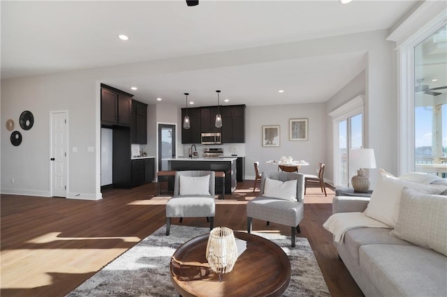 living room with sink and dark hardwood / wood-style floors