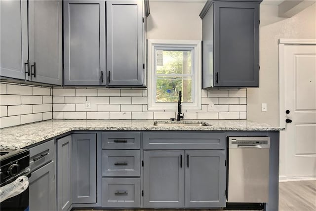 kitchen with stainless steel dishwasher, decorative backsplash, and gray cabinets