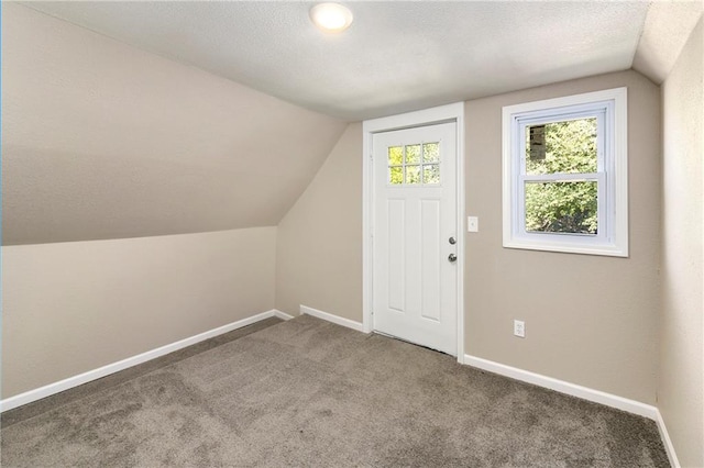 interior space featuring lofted ceiling, a textured ceiling, and carpet flooring