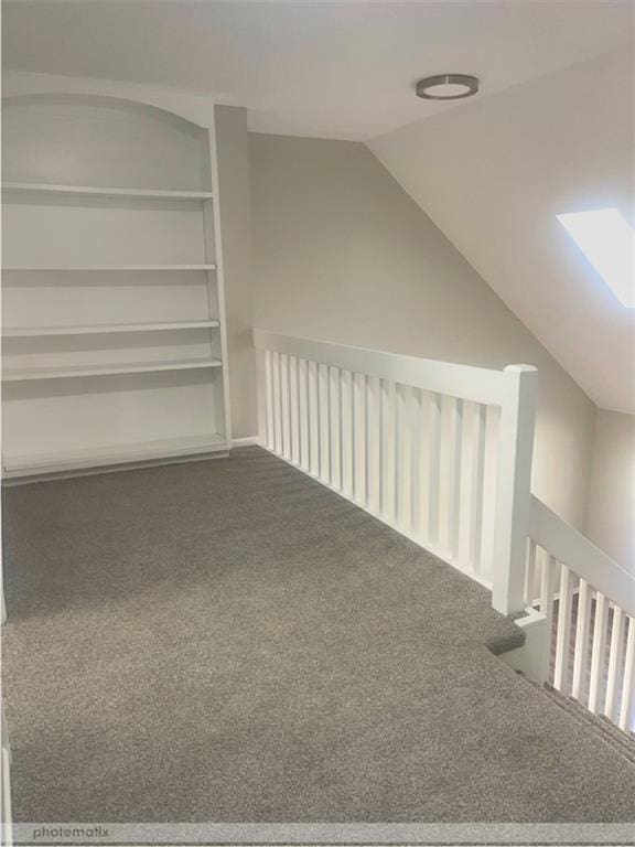 additional living space featuring vaulted ceiling with skylight and carpet floors