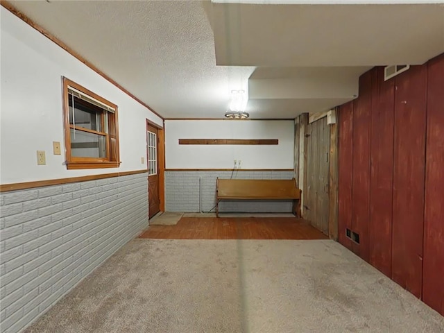 finished basement featuring visible vents, wainscoting, a textured ceiling, carpet floors, and wood walls