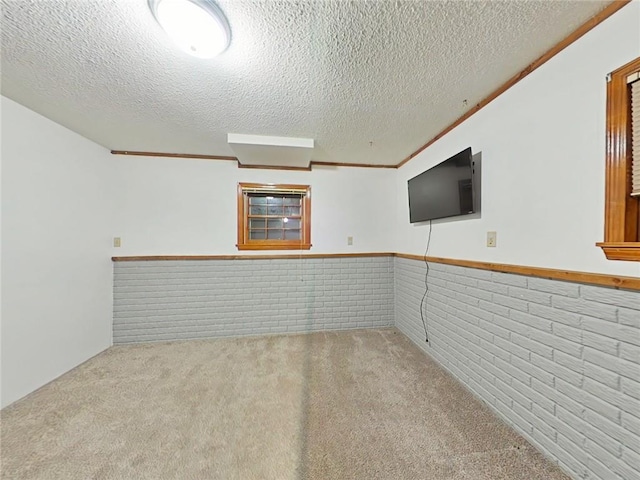 empty room featuring a wainscoted wall, brick wall, crown molding, a textured ceiling, and carpet floors